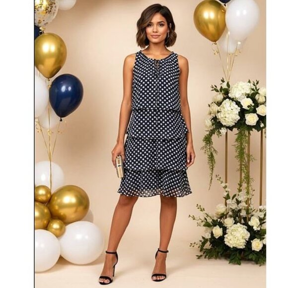 ROZ & ALI, Sleeveless navy blue polka dot ruffle tiered dress - Picture 2 of 11